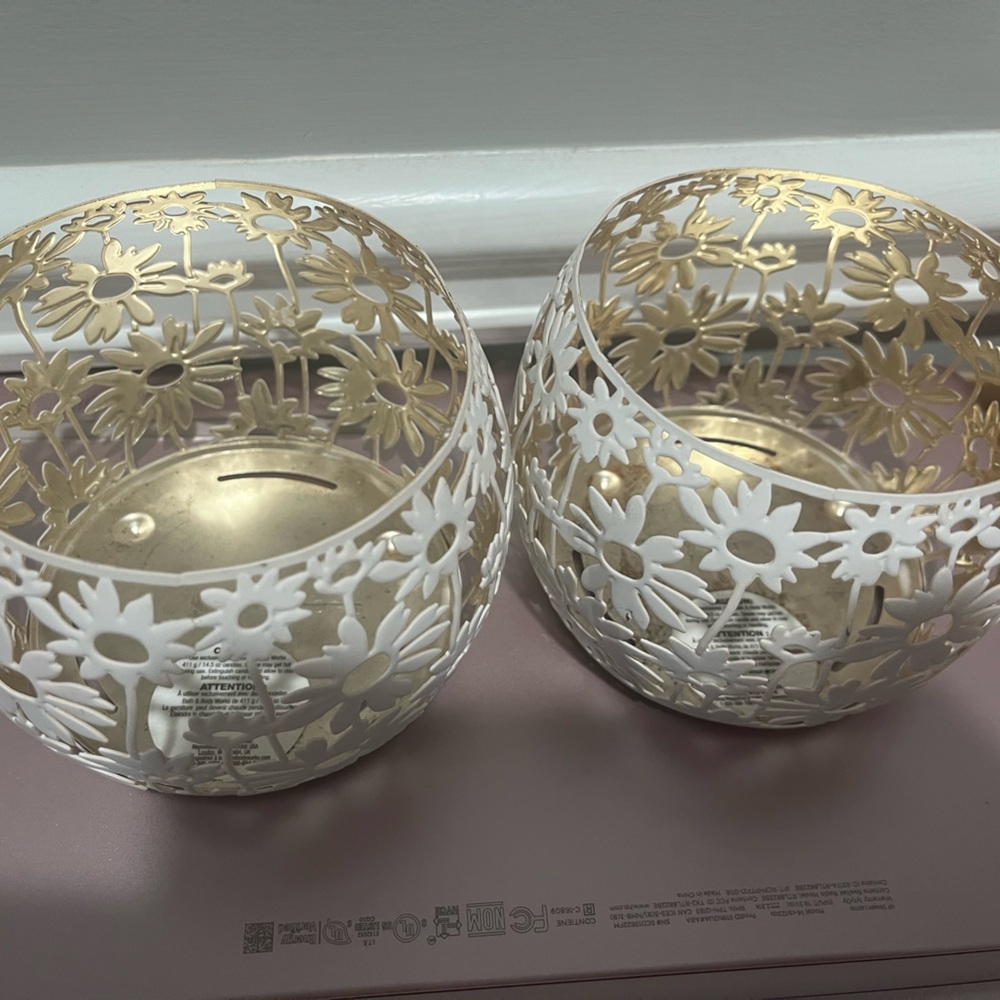 Bath & Body Works Decorative White Floral Metal Dome Candle Holders - Set of 2